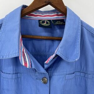 Perwinkle Blue Cotton Button Up Jacket Women XXL Striped Trim Cuff Coastal Beach